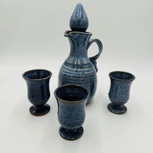 Ray Studio Decanter and Three Cups Signed Vintage Art Pottery Blue Stoneware